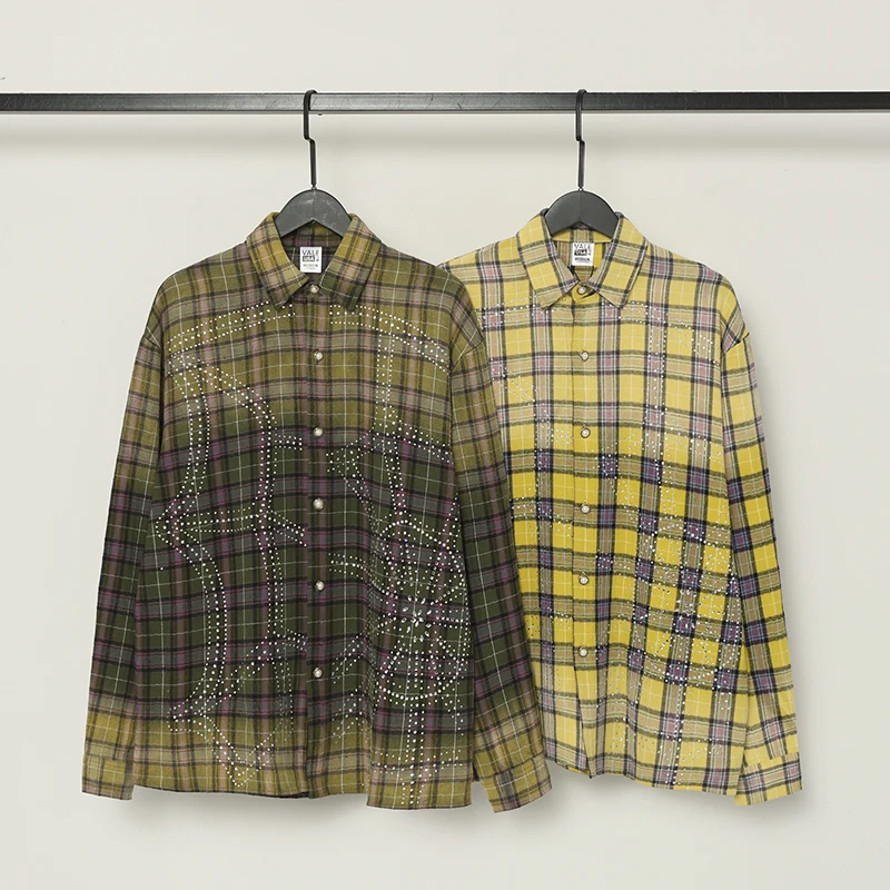 좋은 품질의 밸리 옐로우 셔츠 재킷 남녀 공용 베스트 핫 드릴 프린트 순면 밸리 오버사이즈 체크 셔츠 실사