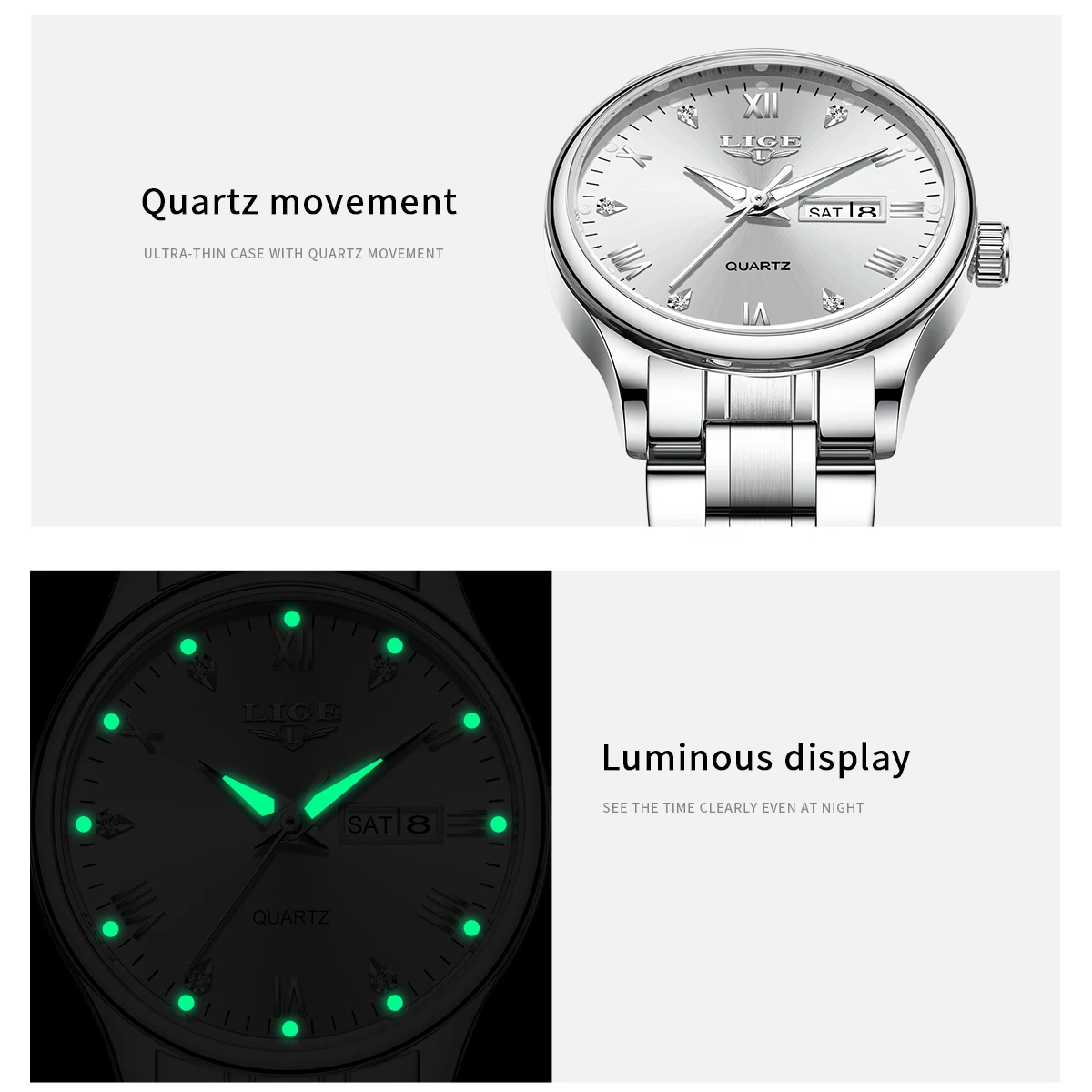 LIGE エレガントな女性の腕時計クラシックダイヤモンドダイヤル防水クォーツ時計デュアル日付防水発光ステンレス鋼レディース腕時計