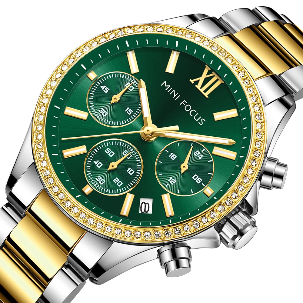 MINI FOCUS Green Dial Watch for Women with Diamonds Luxury Stainless Steel Gold Bracelet Watch 0617L