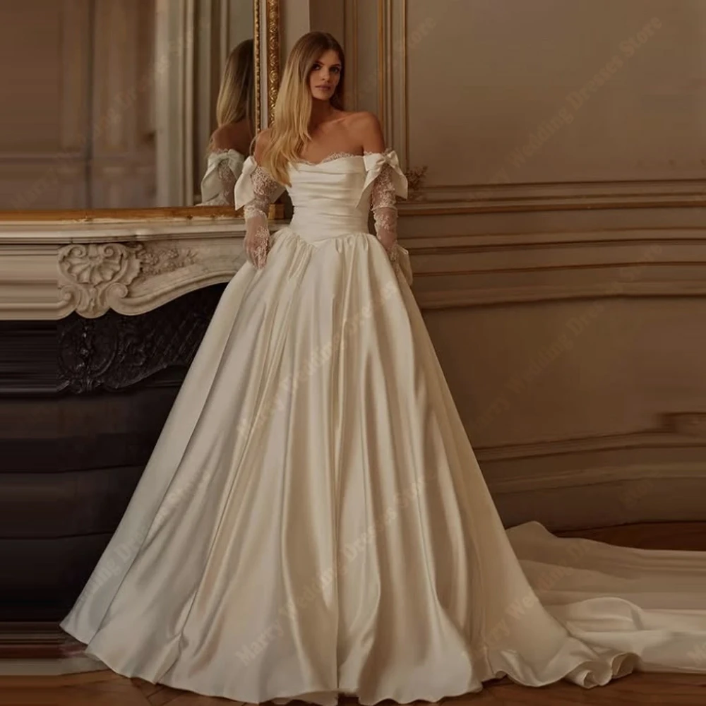 

2025 Fascinating A-Line Wedding Dresses Sweetheart Collar Lace Sleeves Bride Gowns Without Gloves Vestidos Para Mujer Customized