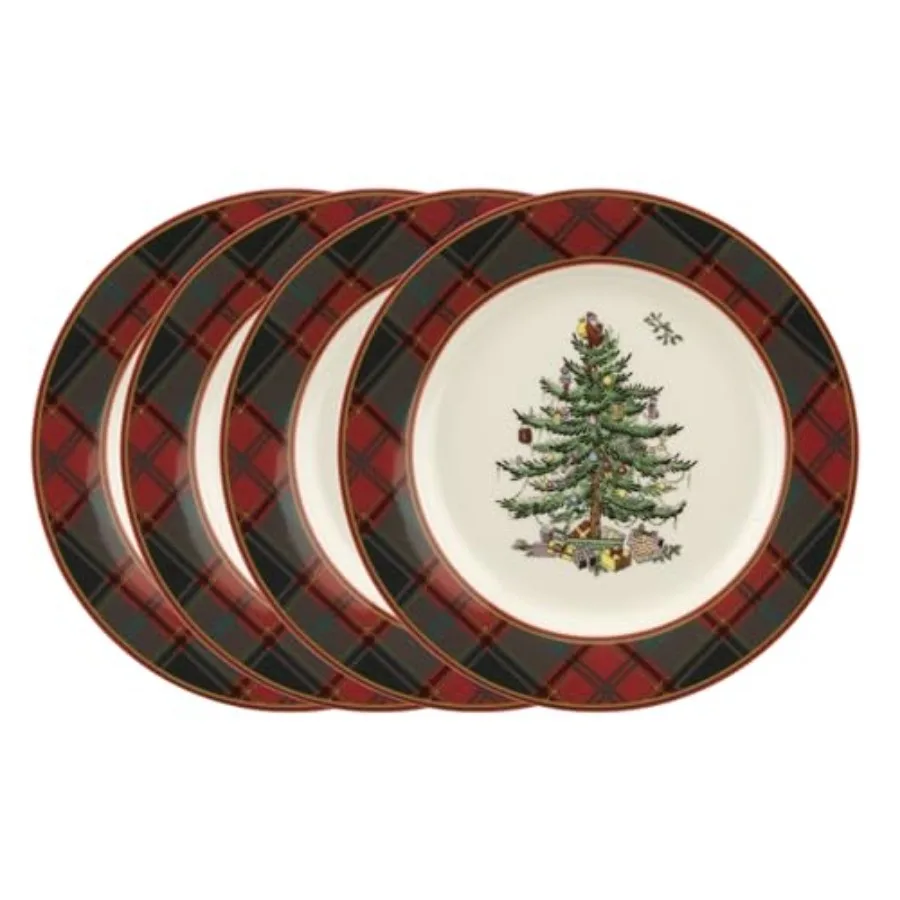 

Christmas Tree Tartan Salad Plate Set of 4 - 7.75" Earthenware Plate Holiday Tableware for Serving Salads Appetizers Desserts -