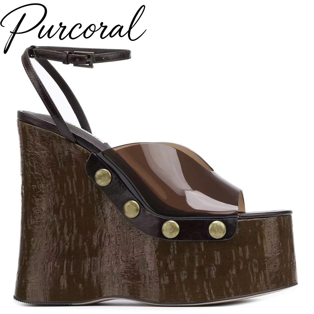 

Purcoral Vintage Wood Grain Wedge Platform Sandals Women Transparent PVC Open Toe Ankle Strap Rivet Decor High Wedge Heel Sandal