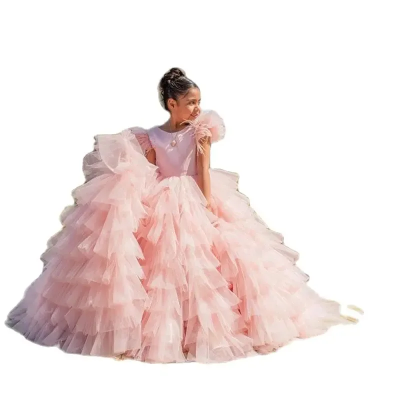 Pearls Flower Girl Dress For Wedding 3D Butterfly Sleeveless With Bow Birthday Party Kids Christmas Princess Ball Gown