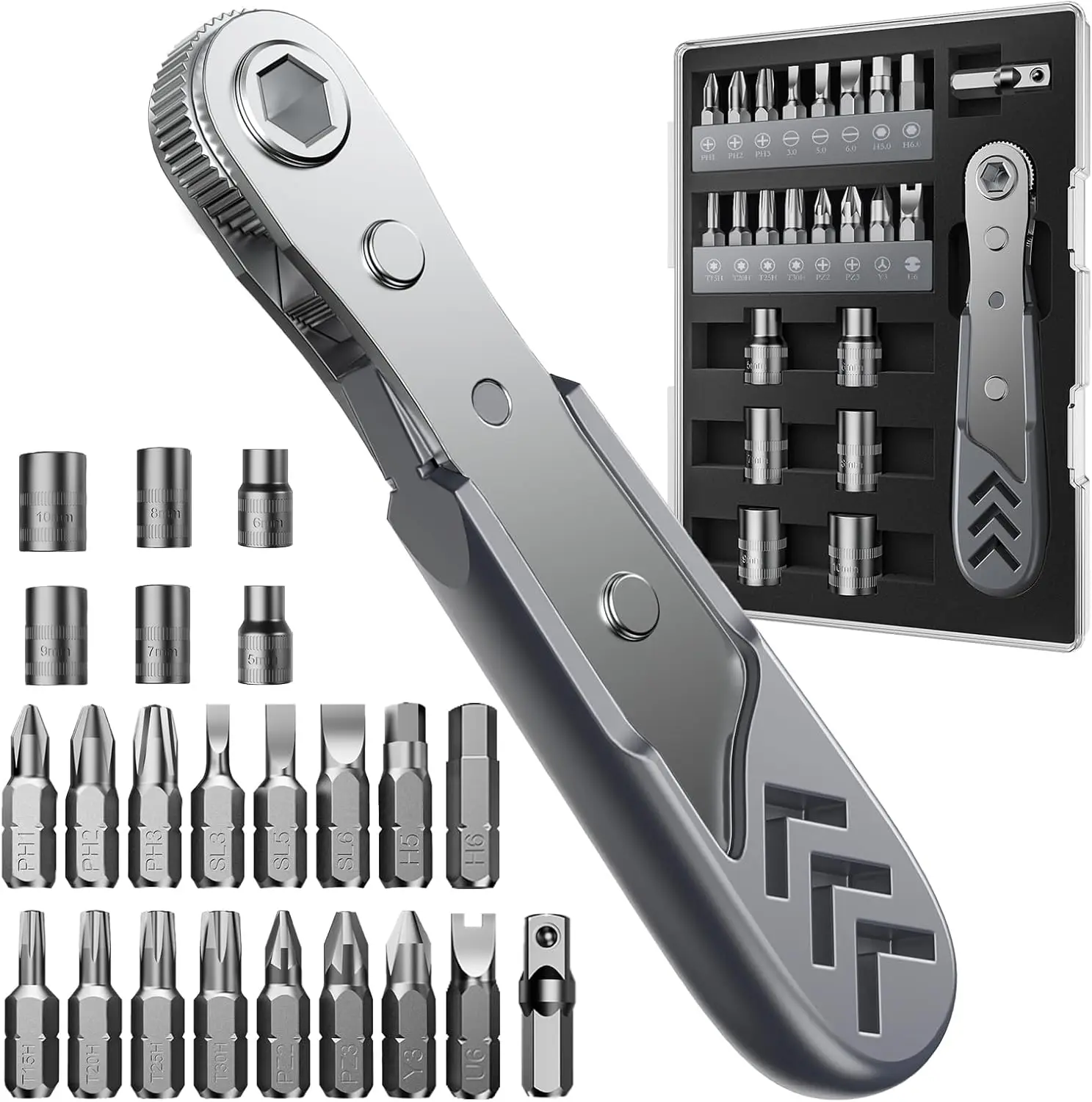 Set Obeng Ratchet Sudut Kanan 23-in-1, Kunci Ratchet Mini 36-Gigi, Alat Perbaikan Obeng Offset Magnetik