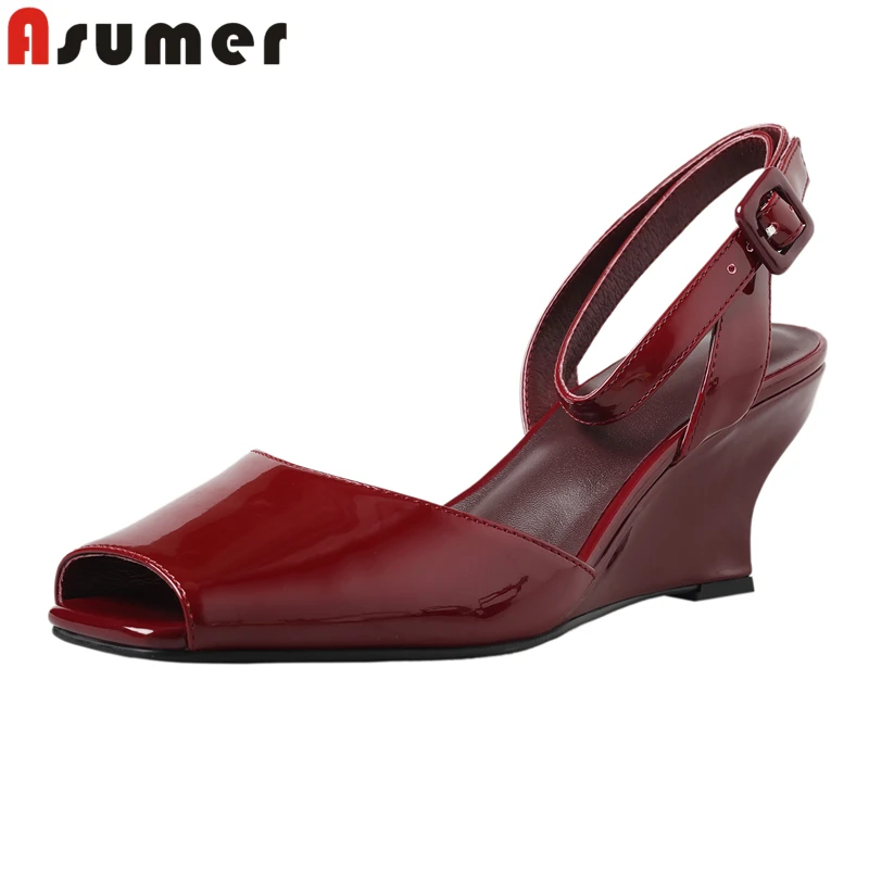 

ASUMER 3 Colors Genuine Leather Sandals Women Shoes Wedges High Heels Sandals Peep Toe Summer Party Dress Shoes