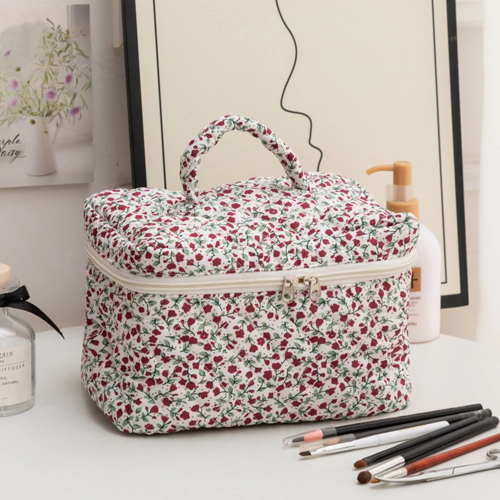 

3Pcs Floral Makeup Bag Cotton Quilted Makeup Organizer Storage Bag Large Capacity Cosmetic Organizer Case with Zipper for Women