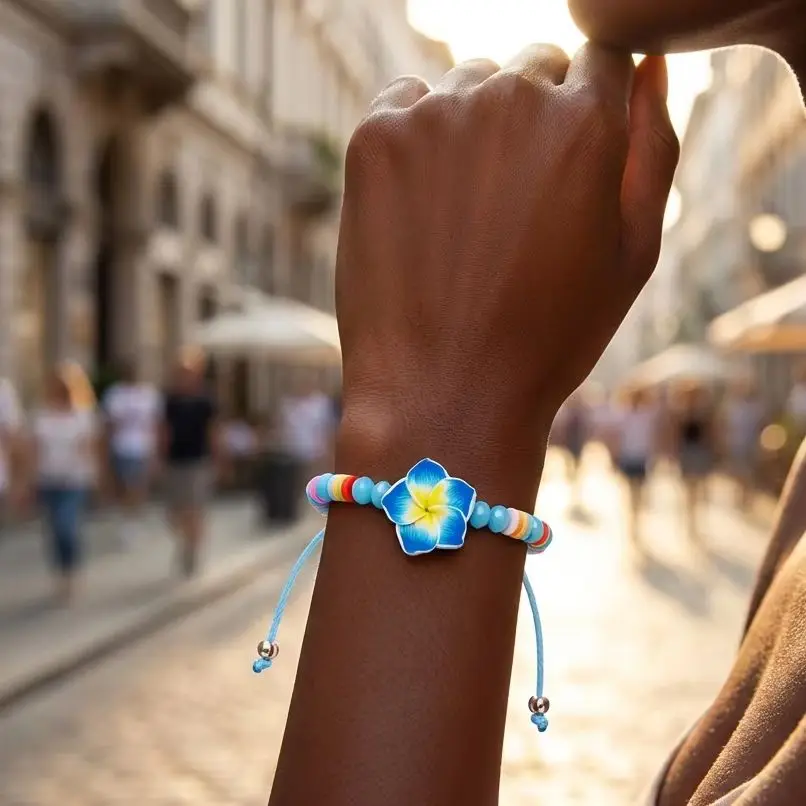 Bracelet coulissant tressé en argile colorée, motif floral, style mode française, pour femme, accessoire tendance pour meilleures amies et bonnes amies
