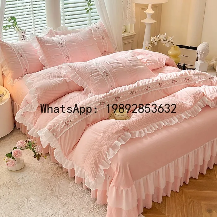 CD Korean version of embroidered seersucker four-piece set, lace princess feng shui washing quilt cover, bed skirt