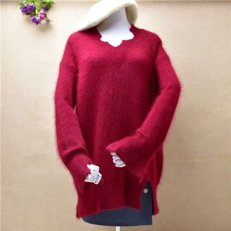 

pull female women hairy angora rabbit fur knitted v-neck christmas red loose pullover winter outwear jumper mink sweater tops