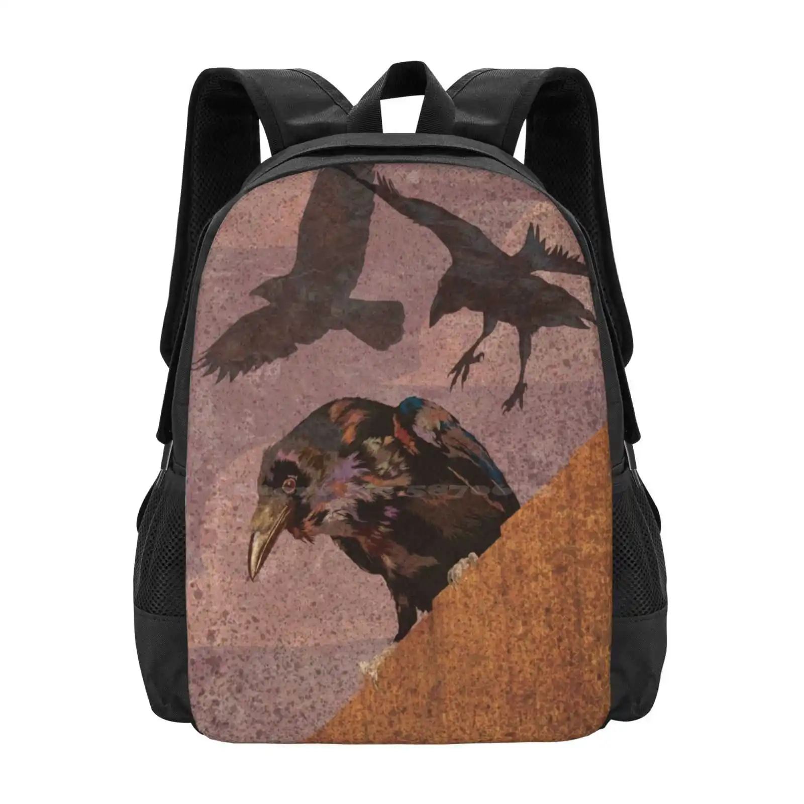 

Grimey Crows Fashion Pattern Design Travel Laptop School Backpack Bag Birds Crows Flying Hover Perched Fence Invasion Textures