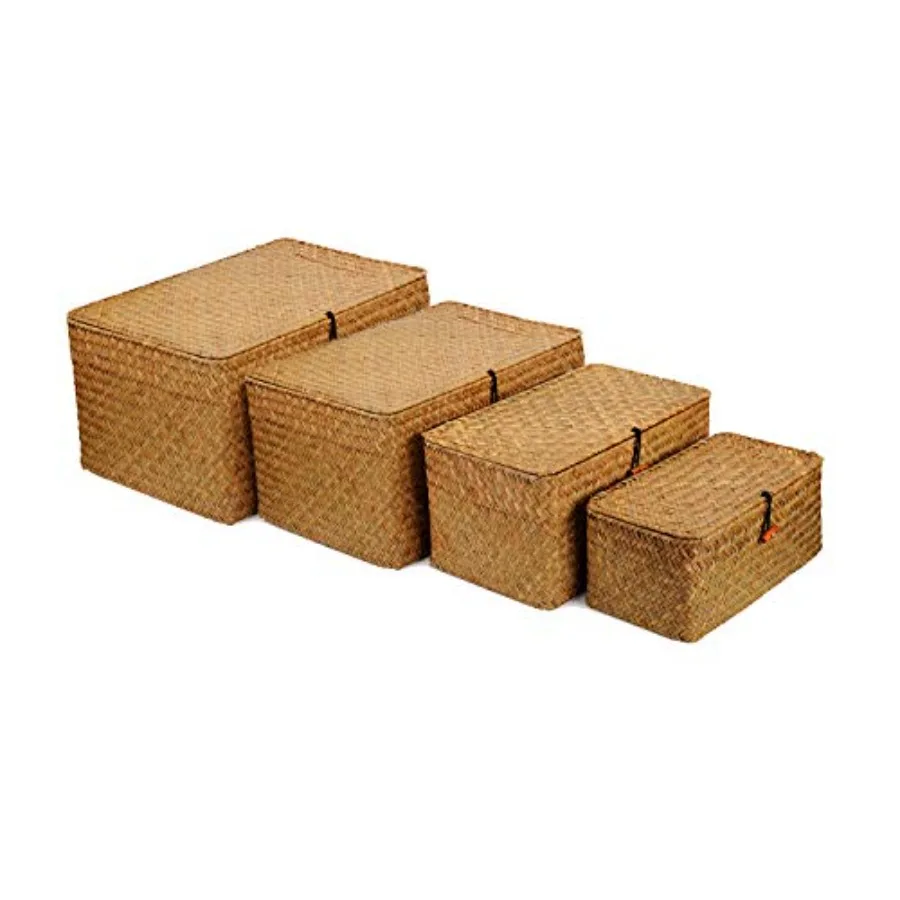

4 Pack Wicker Baskets with Lids Nautral Seagrass Storage Baskets Woven Rectangular Basket Bins Rattan Storage Organizer for She