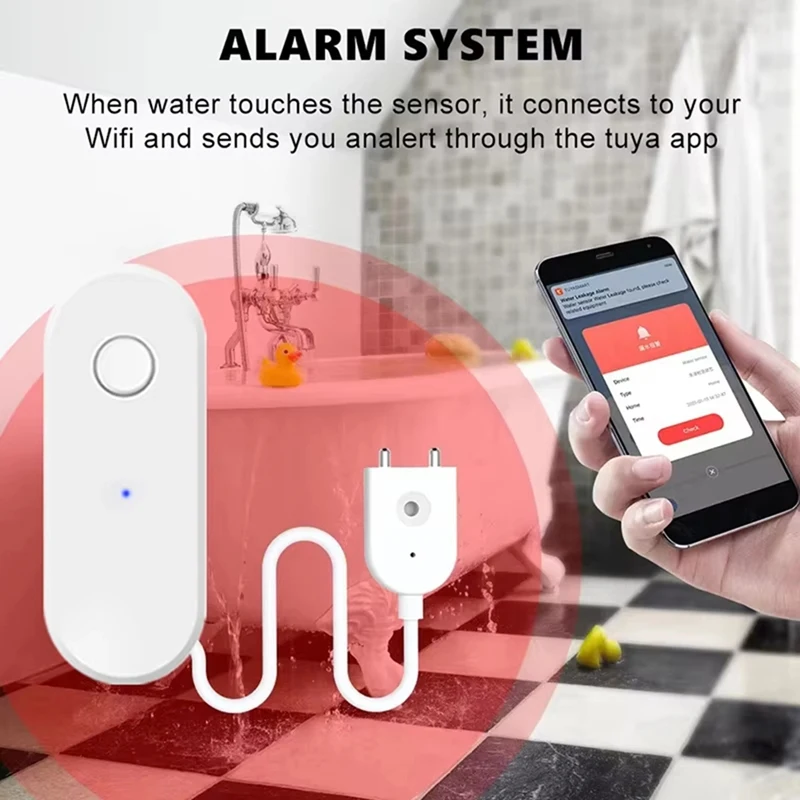 Sensor de água wi-fi, alarme, detector de vazamento de água, alerta de inundação, sistema de alarme de segurança, funciona