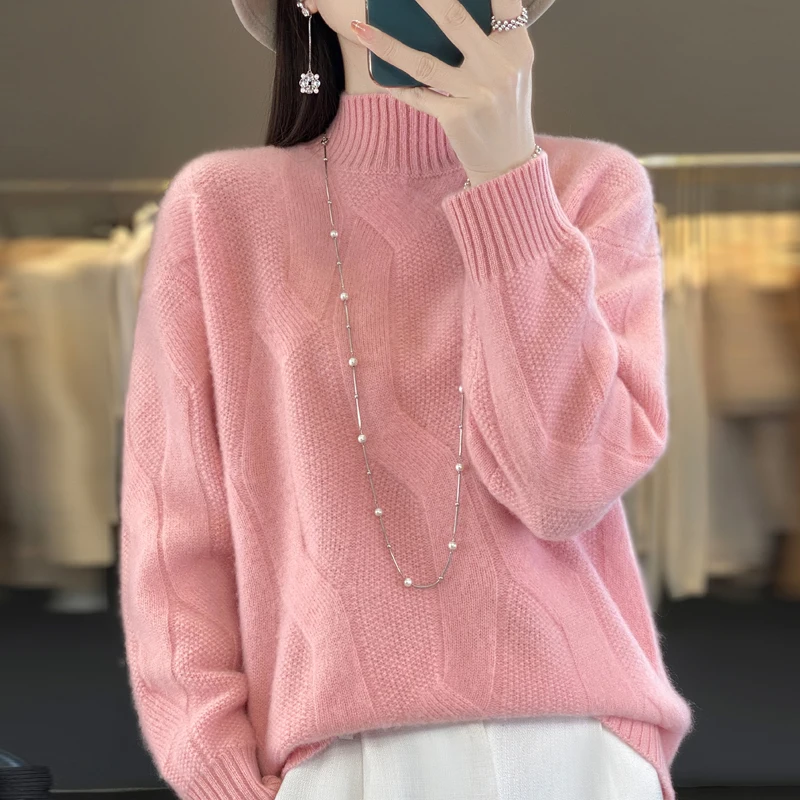 

100% wool sweater women's semi-high neck solid color knitted pullover new twisted flower slim versatile bottoming sweater in aut