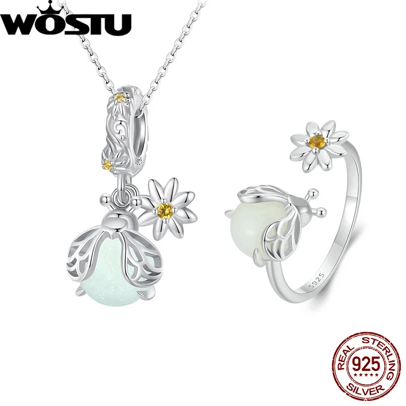 WOSTU 925 Sterling Silver Luminous Firefly Opening Ring For women Daisy Flower Stackable Glow In the Dark Rings Party Jewelries