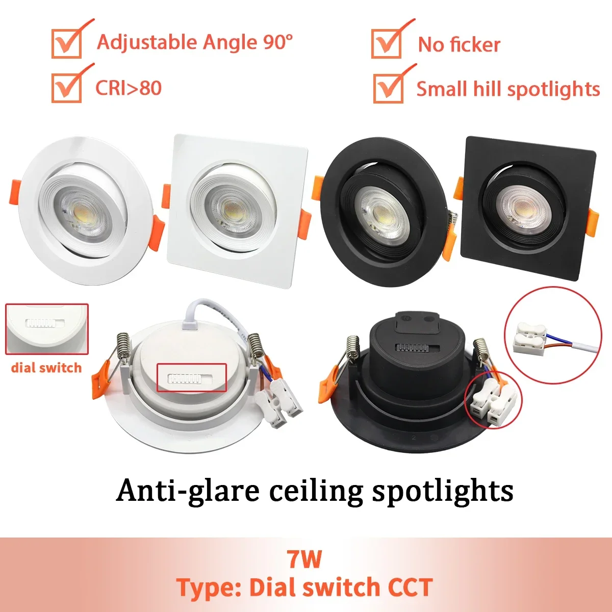 

8pcs 90° Adjustable angle LED ceiling spotlights AC 220V 110V dial switch Tricolor dimming embedded Downlight for Bedroom home