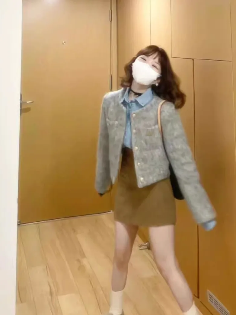 

Tweed Jacket Vintage Fashion Suit Outwear Woman Womens Lace-Up Minimalism Designed Bohemian Victorian Glitter Placket Feminine