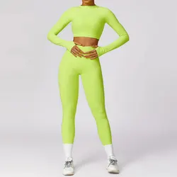 Chándal de Yoga para mujer, conjunto de ropa deportiva de entrenamiento, gimnasio, Top corto de manga larga, Leggings de cintura alta, trajes deportivos, 2 piezas