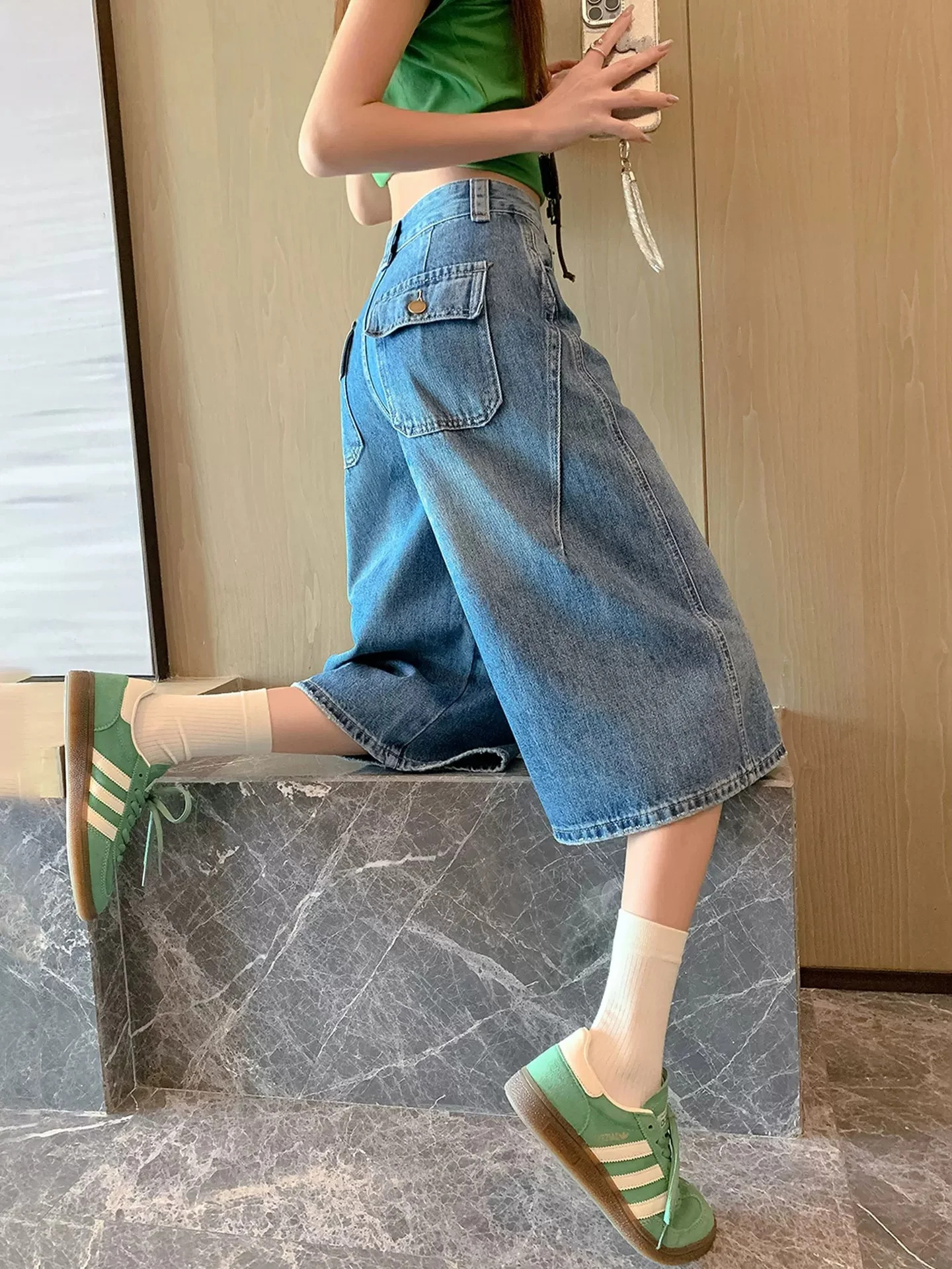 

American Style Vintage Seven-Five Jeans Women's Summer New Loose Slim Wide Leg Six-Five Pants High Waist Casual Wear