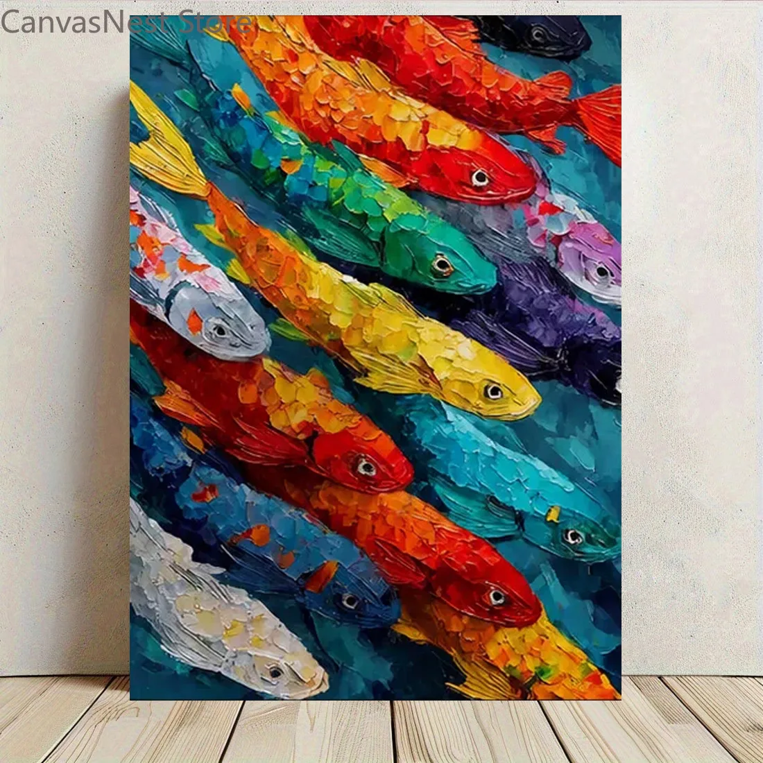 Colorful Koi Fish Canvas Wall Art, Thick Texture Palette Knife Painting Style Poster Print