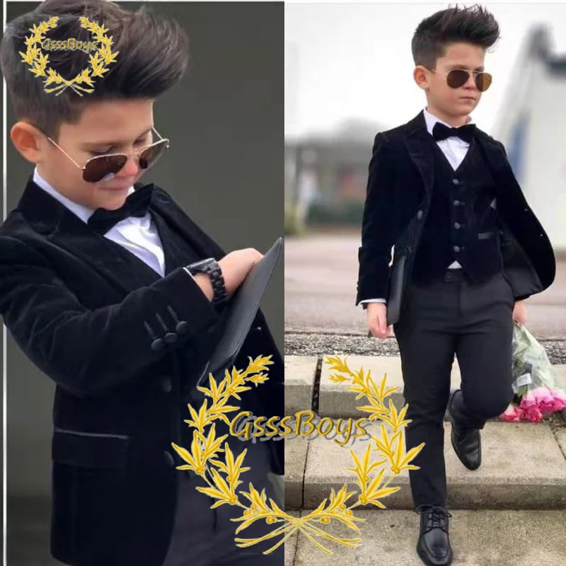 Boys Velvet Suit 3 Piece Formal Jacket Pants Vest Business Style Kids Blazer Party Pants Set costume enfant garçon