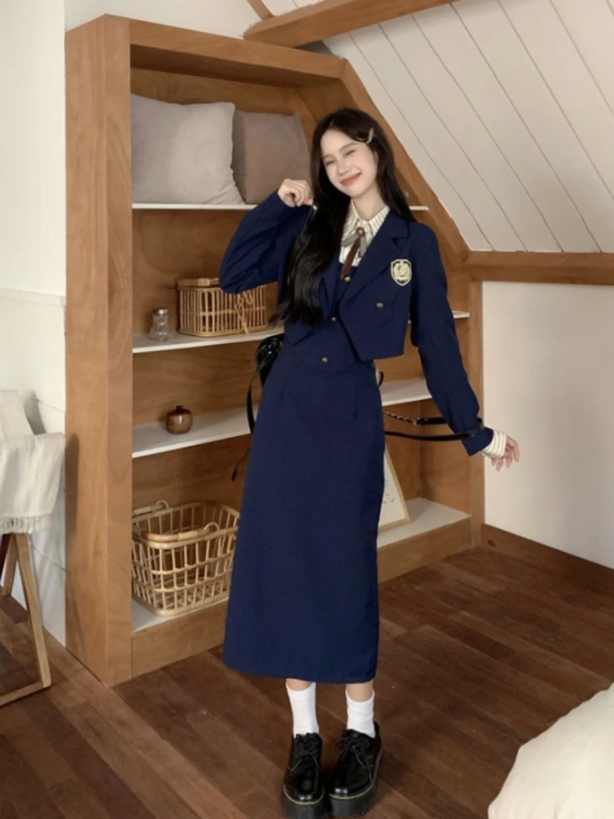 

Manhattan Girls' School American College Style Set Spring Season Suit Short Coat Wrap around Long Skirt JK Uniform Three Piec...