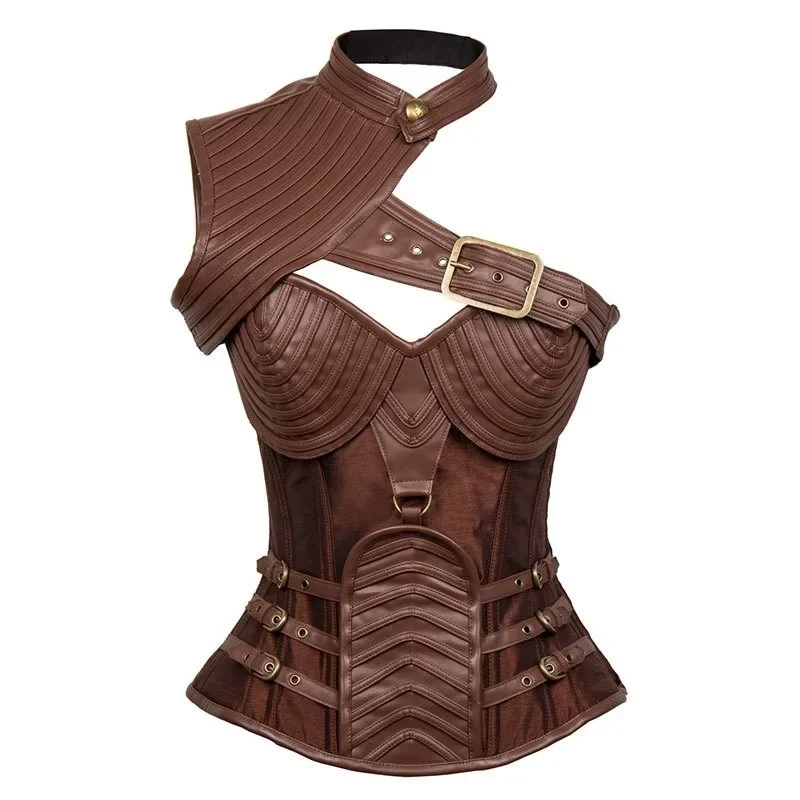 

Brown Vintage Overbust Corset Women Gothic Steampunk jacket Armor With Shoulder Bolero steel boned Burlesque Costumes