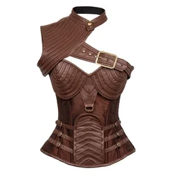 Brown Vintage Overbust Corset Women Gothic Steampunk jacket Armor With Shoulder Bolero steel boned Burlesque Costumes