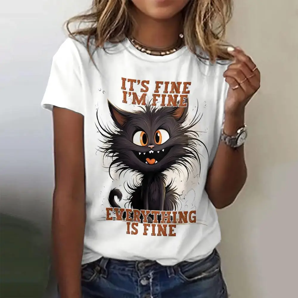 Cute 3D Animal Print Women's T-Shirt Fashion Cartoon Cat Pattern Ladies Clothing Casual O-neck Short Sleeve Tee Summer Loose Top