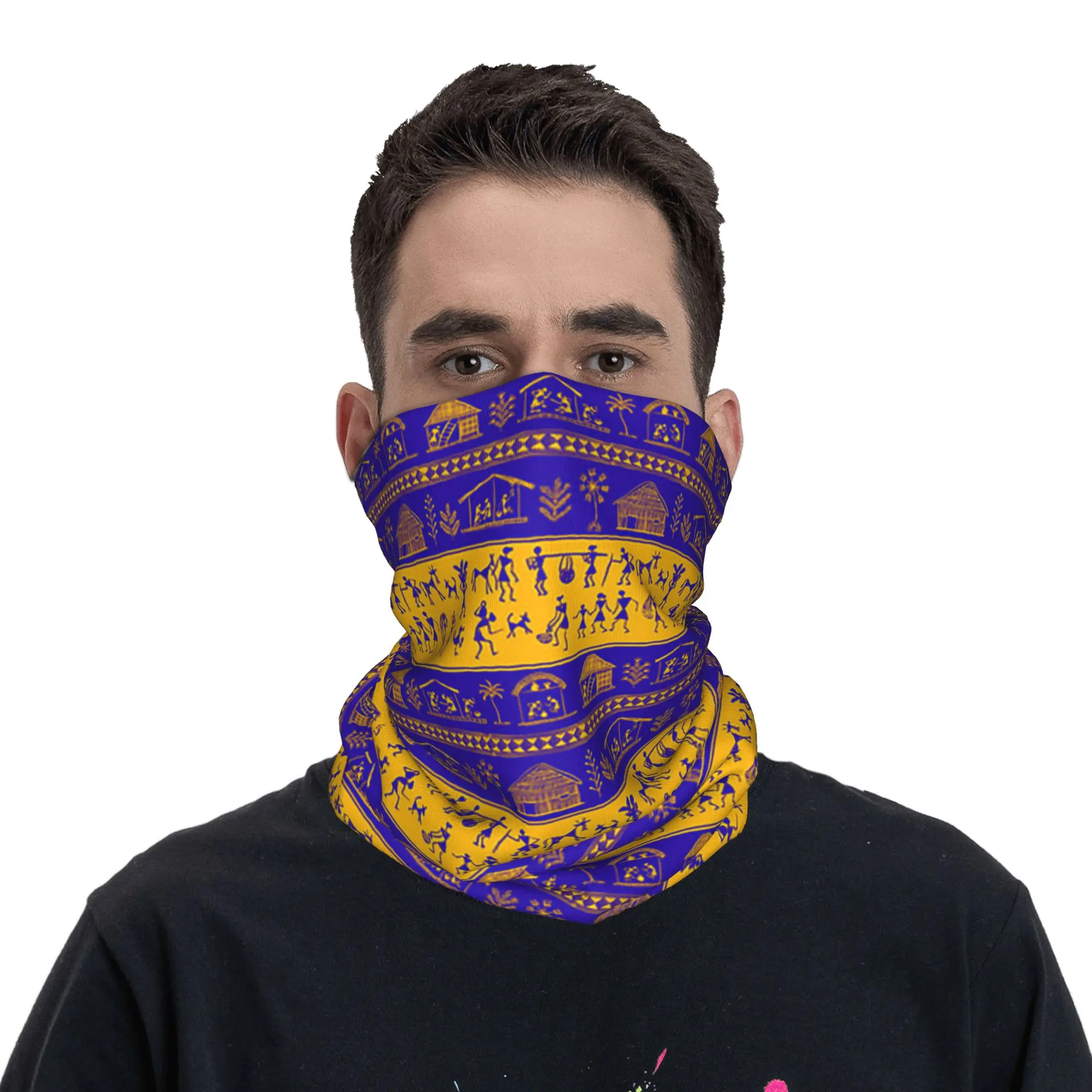 

Boho Chic Warli Art Bandana Neck Cover Printed Mask Scarf Headwear Riding Unisex Adult Washable