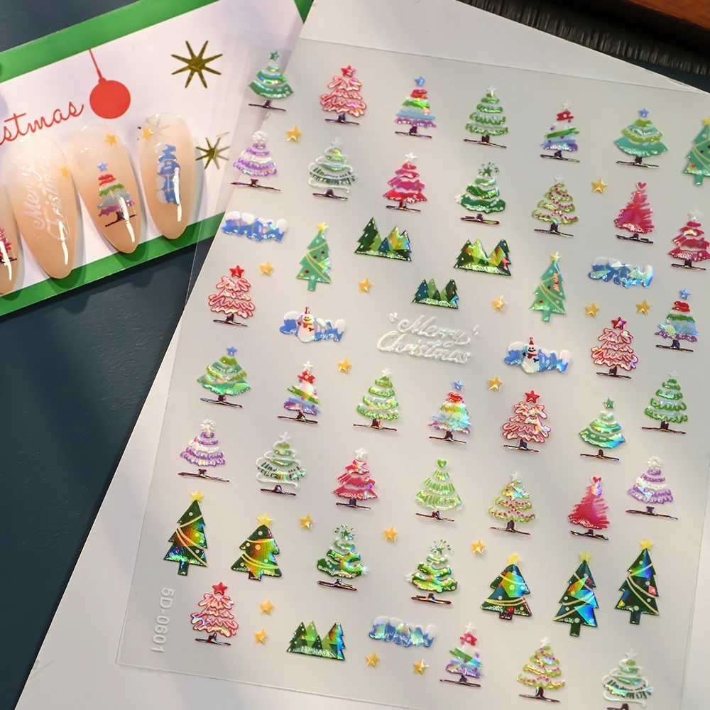 1Pcs 5D Iridescent Pink Christmas Tree Wreath Nail Stickers Snowflakes Bow Bell Xmas Sock Tree Nails Decal Winter Manicure Decor
