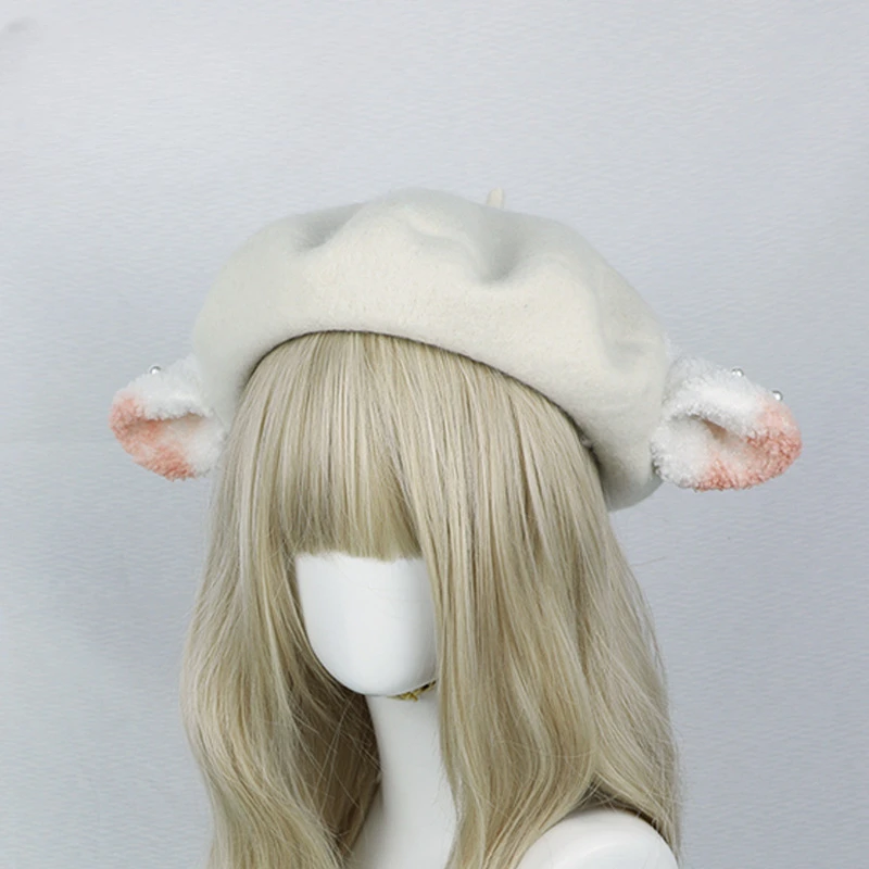 Sweet Lolita Plush Sheep Ears Headpiece Beret JK Style Artist Hat for Women Girls Cosplay Pompoms Accessories