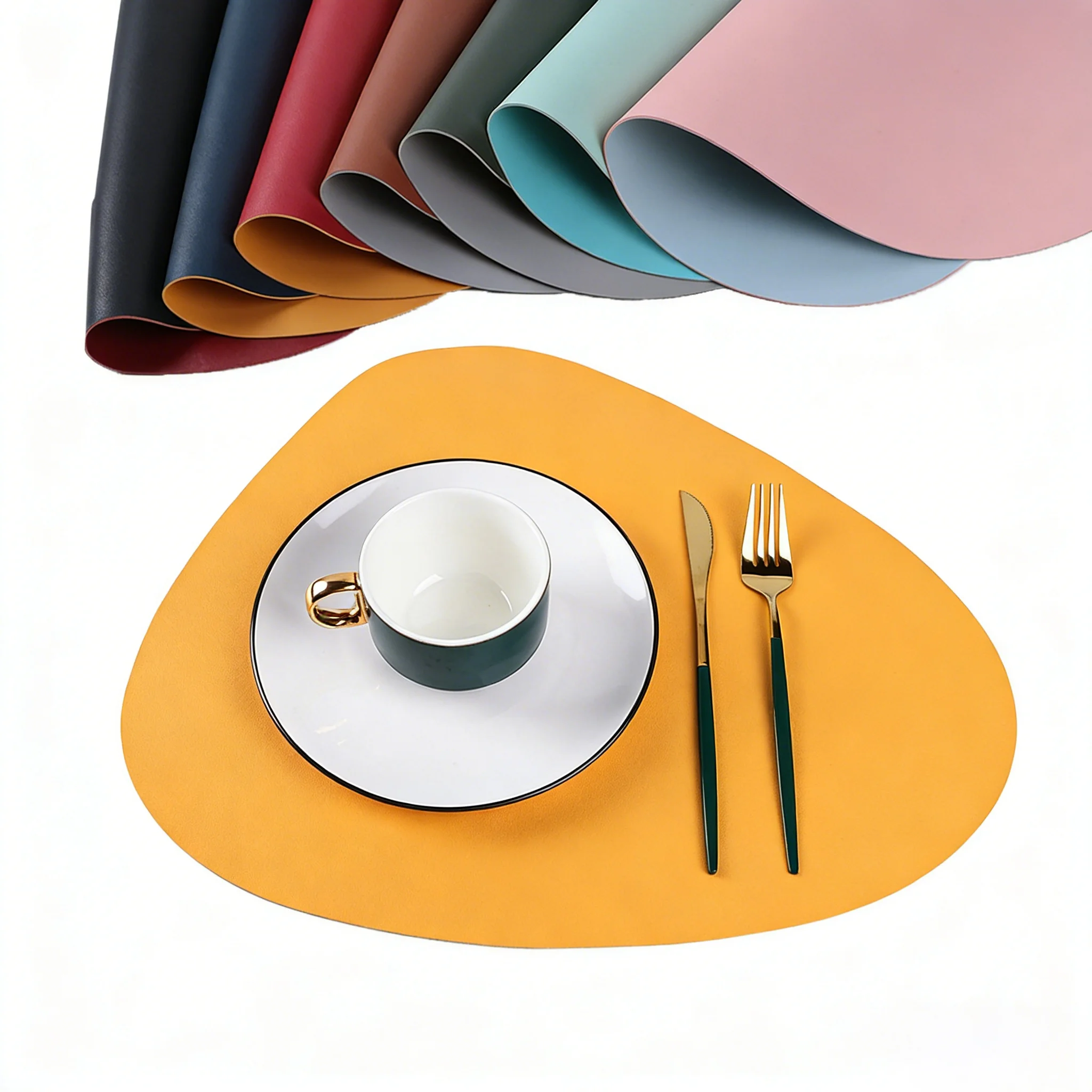 

4PCS Irregular Shape Placemat And Coaster Set Oil-Proof Waterproof For Kitchen PU Leather Dual-Sided Tables Mats Pad Coffee Shop