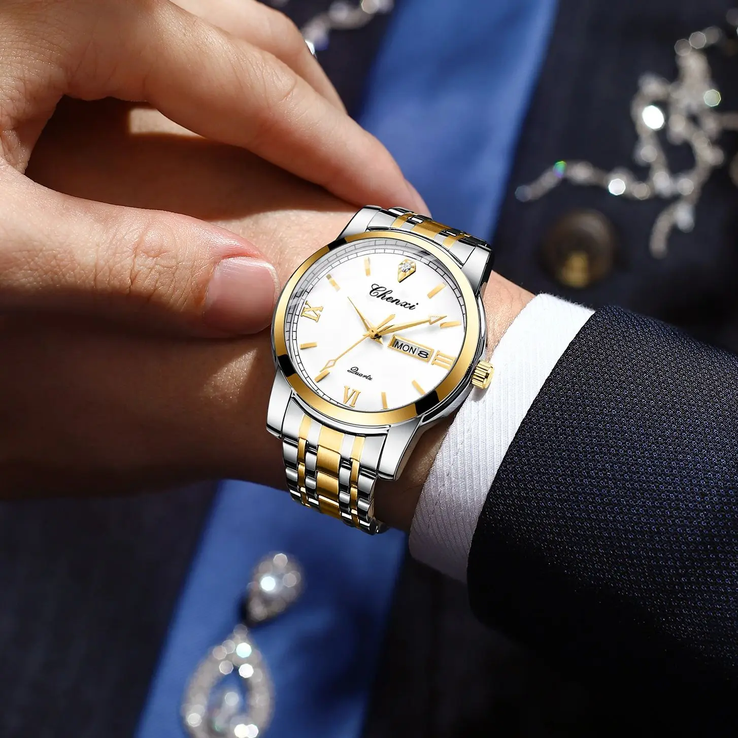 

Элитные деловые повседневные часы для мужчин: высококачественные, с двойным отображением даты, водонепроницаемые, из нержавеющей стали, мужские наручные часы, подарок