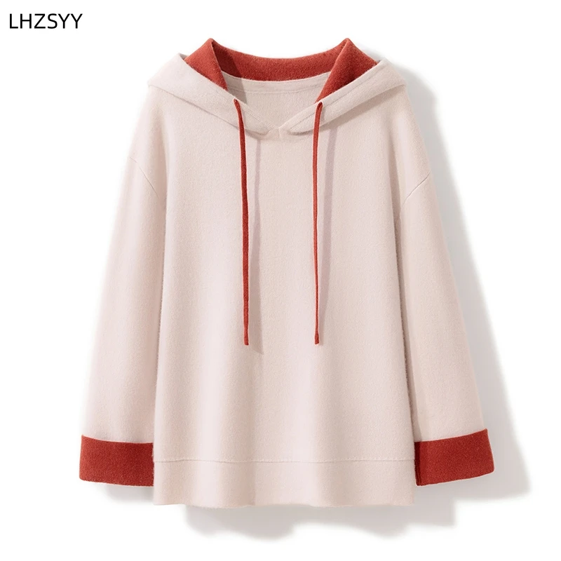 LHZSYY 100% Pure Cashmere Hooded Sweater Winter New Ladies\' Knit Pullover High-end Large size Jacket Color Matching Thick Hoodie