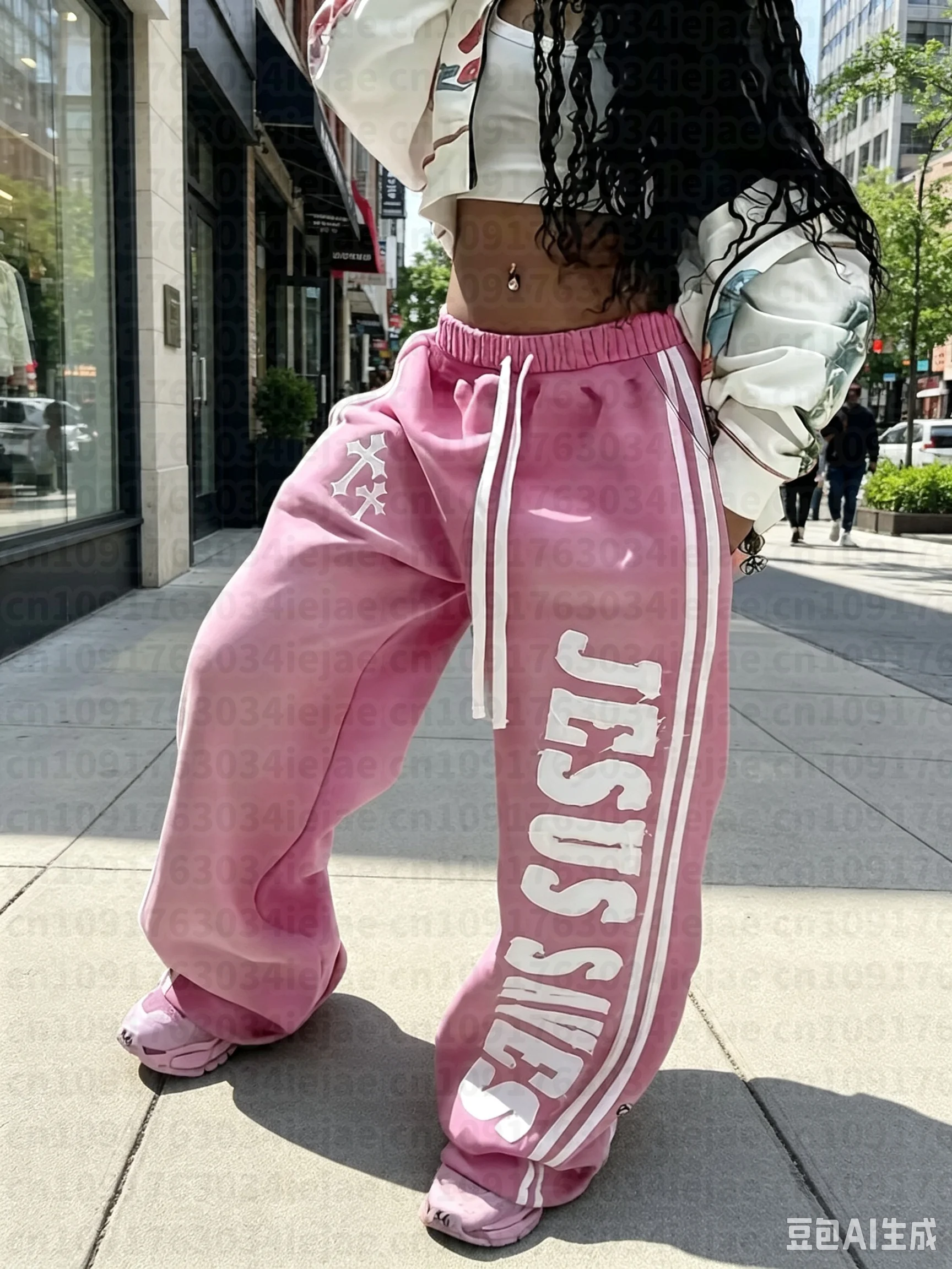 Rosa Farbverlauf 2026 Gothic Cross Sweatpants für Damen, elastischer Kordelzug in der Taille, übergroß, schnelltrocknend, weites Bein, Streetwear für Kinder – Detail 6