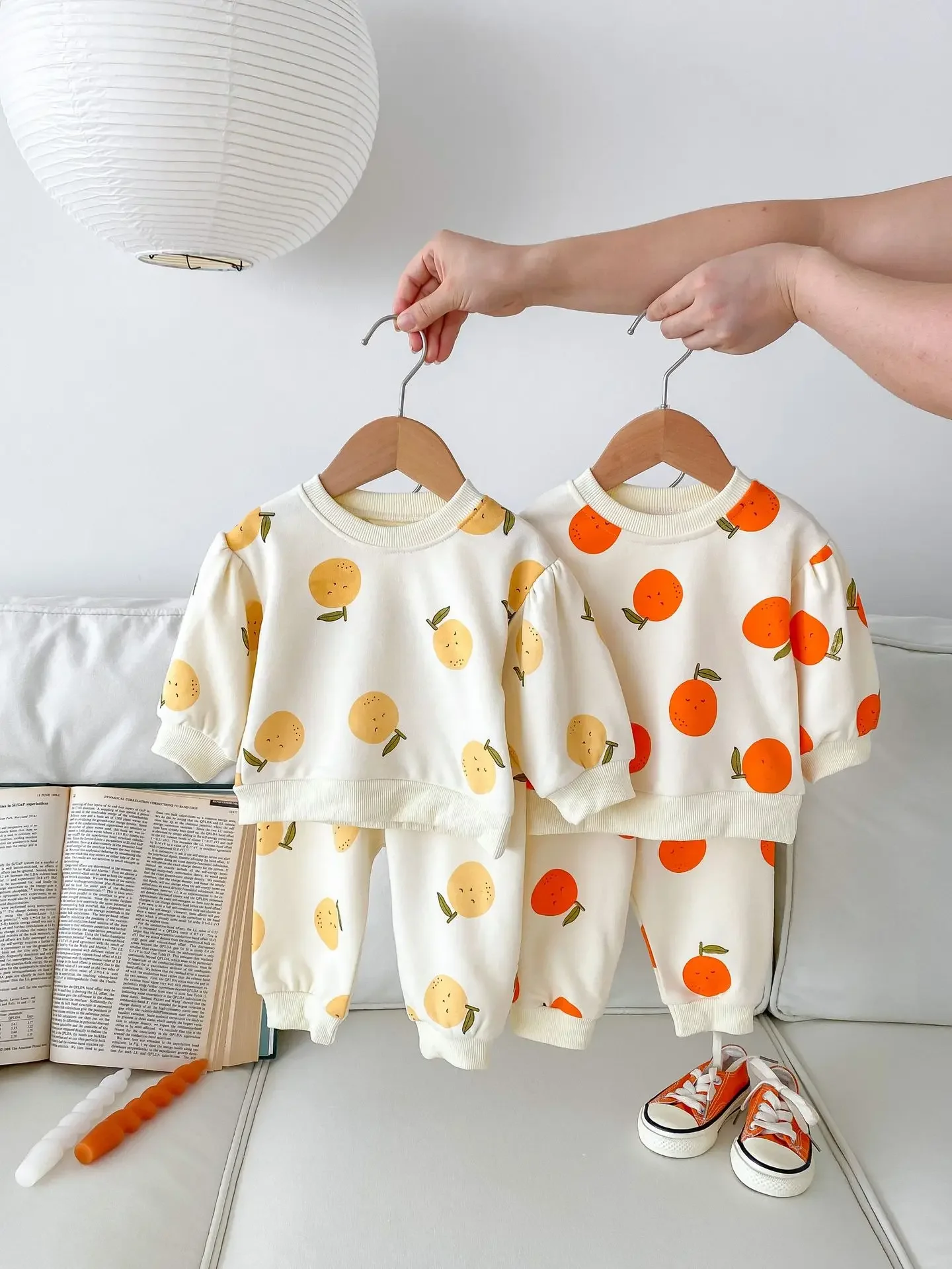 Toddler Baby Boys 0-2Y Cotton Fruit Print Outfit Set Cute Orange Pattern Top and Pants Breathable Daily Wear for Infant Girls