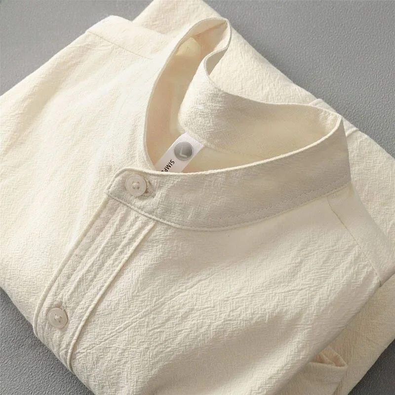 

Men's Cotton Linen Short Sleeve Shirt Stand Collar Henry Collar round Neck Five Sleeve T-Shirt Textured Sensation Top