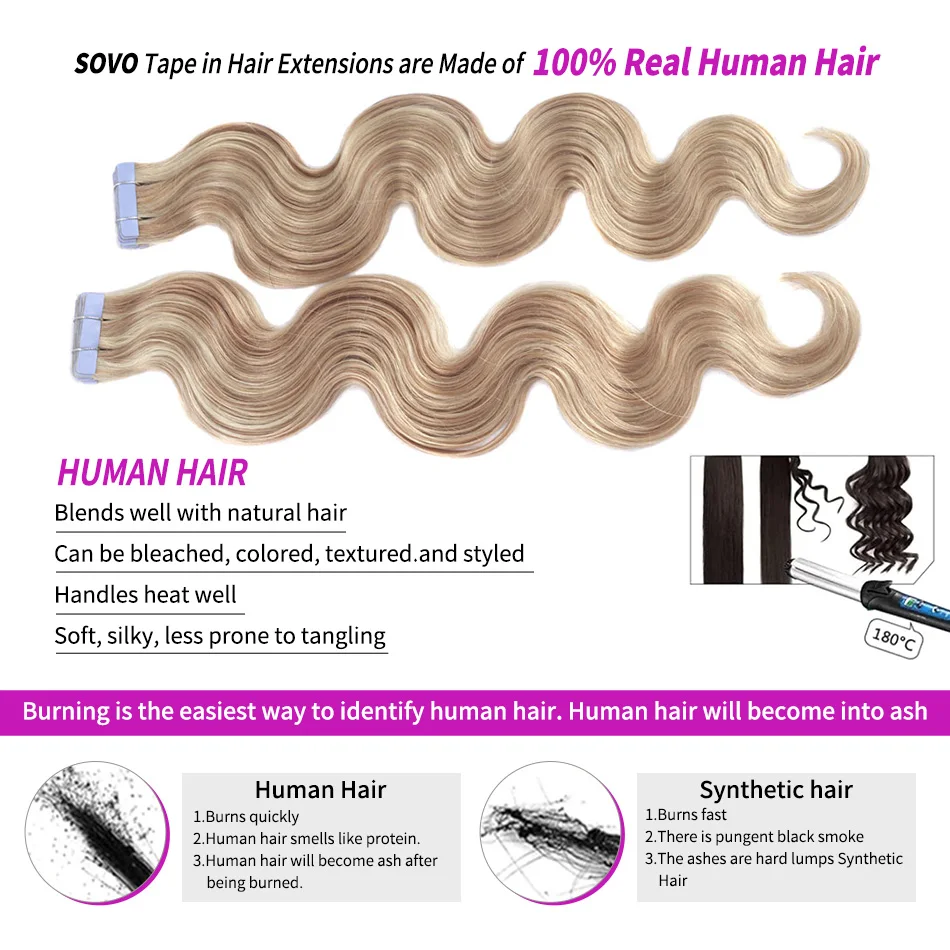 Body Wave Tape In Hair Extensions 100% Human Hair Seamless Skin Weft For Women #18/60 Honey Blonde Platinum Mix  2.0G 20P/40P