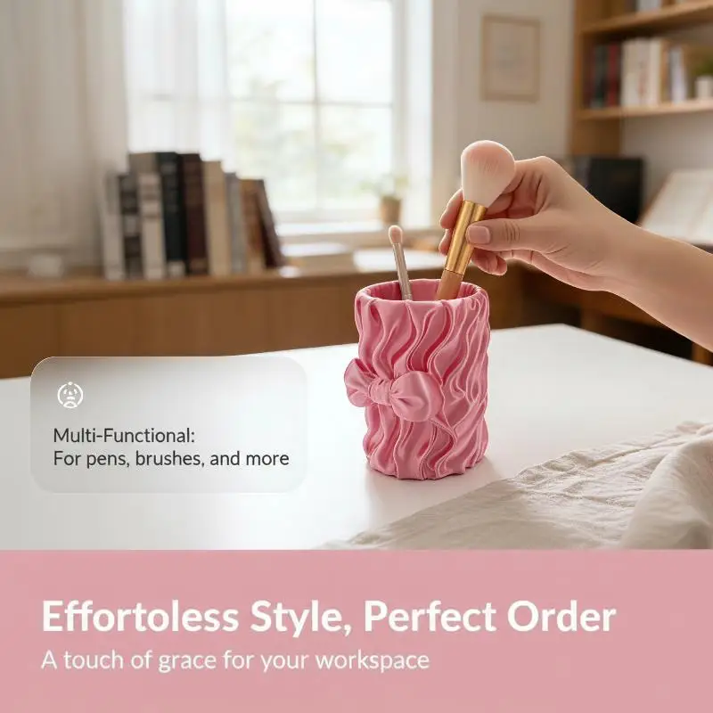 3D Printed Wavy Pen Holder with Cute Bow - Aesthetic Large Capacity Pencil Cup & Stationery Organizer for School & Desk Decor