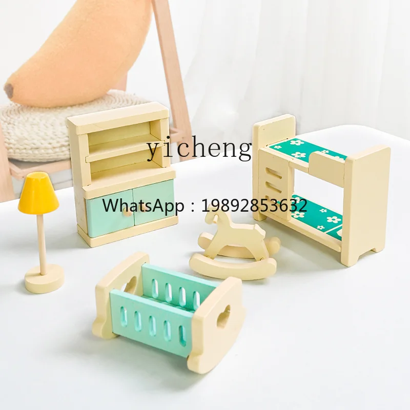 Zz zc modelo em miniatura casa de brincar cama pequena sofá guarda-roupa cômoda candeeiro de mesa de cozinha quarto brinquedos de madeira