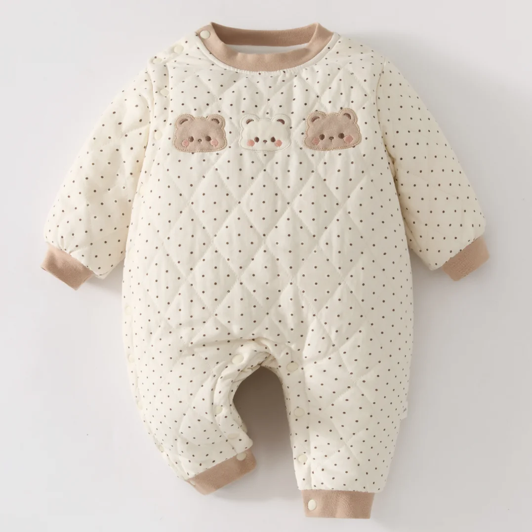 Autumn Winter Cotton Lined 280g Soft Breathable Snug-Fit Jumpsuit for Infants Thick Warm Home Crawling Suit
