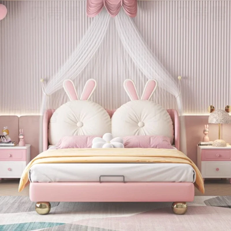 Cute Children’s Bed Rabbit Shape Leather Bed For Girl Kids Bedroom Furniture Natural Down Wood Bed For Kids Cama Infantil
