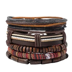 4Pcs/ Set Braided Wrap Leather Bracelets for Men Vintage Life Tree Rudder Charm Wood Beads Ethnic Tribal Wristband Rope Bracelet