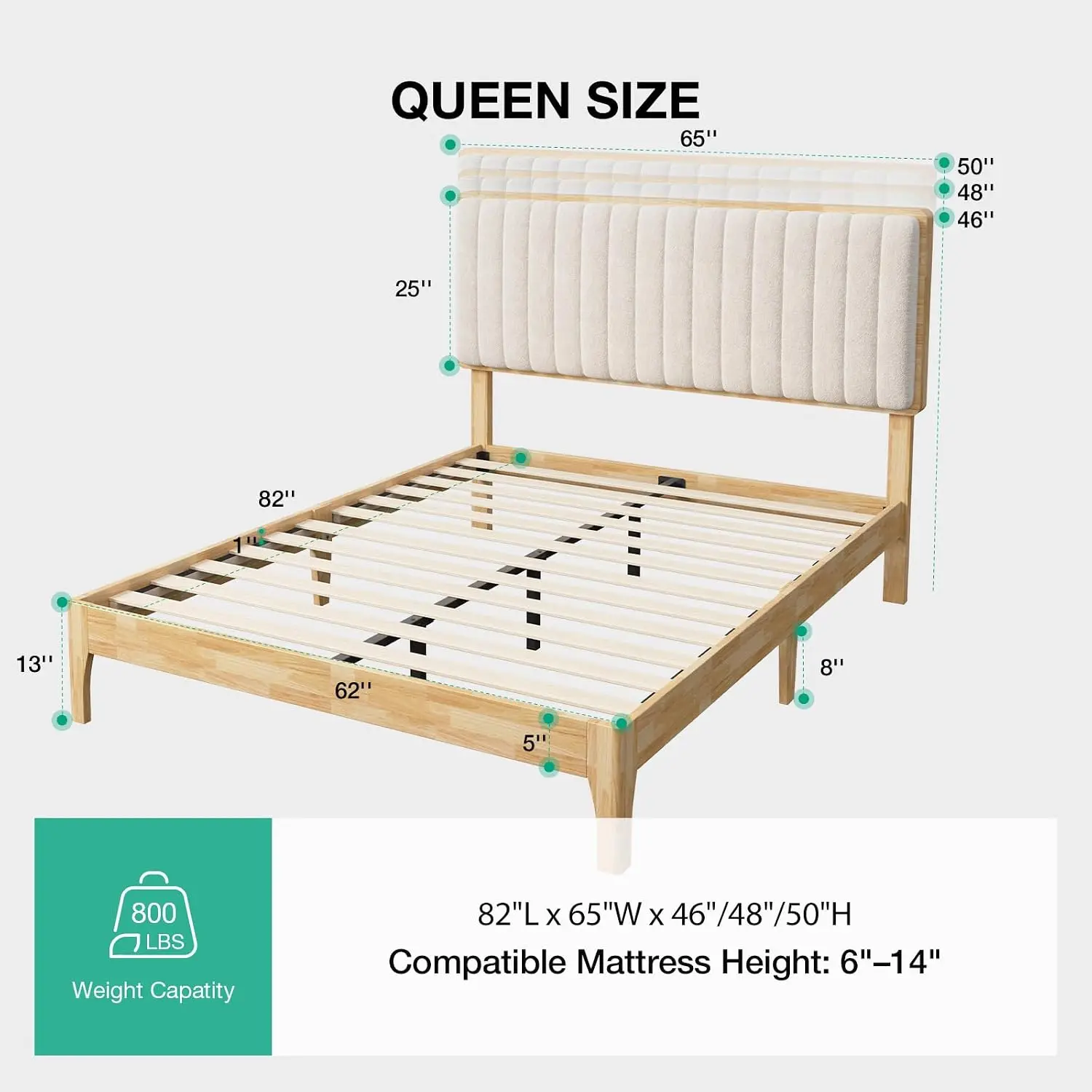 Queen Size Bed Frame with Upholstered Headboard, 3-Position Adjustable