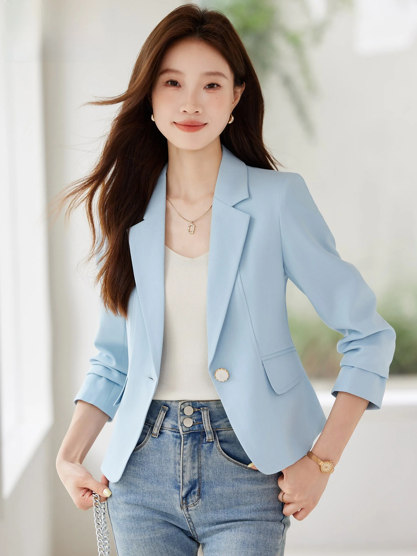 

Blue Short Casual Style Women's Suit Jacket 2026 New Collection Elegant Fashionable Ladies' Top Quality Polyester