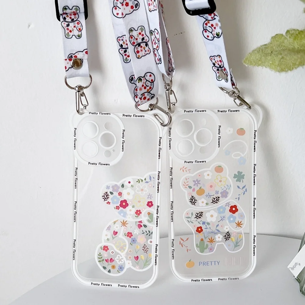 Custodia per cordino orso cartone animato per iPhone 15 14 13 Pro Max Plus 12 11 X Xs 8 7 Flower Crossbody Cover morbida antiurto trasparente