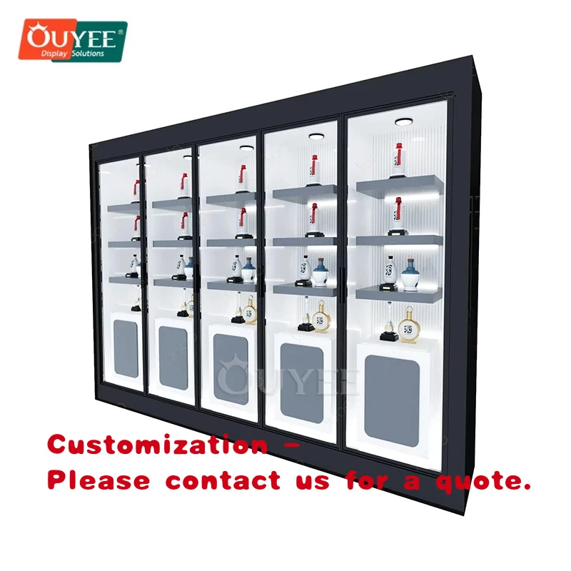 custom.Modern Black Glass Display Cabinet with Sliding & Multiple Shelves Jewelry Retail Showcase