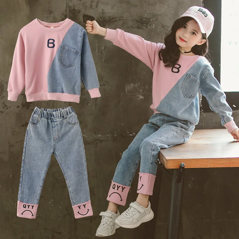 

Baby and Girls Cotton Contrast Patchwork Alphabet Sweatshirt+Denim Pant Workout Set School Kids Tracksuit Child Outfit 3-14 Yrs