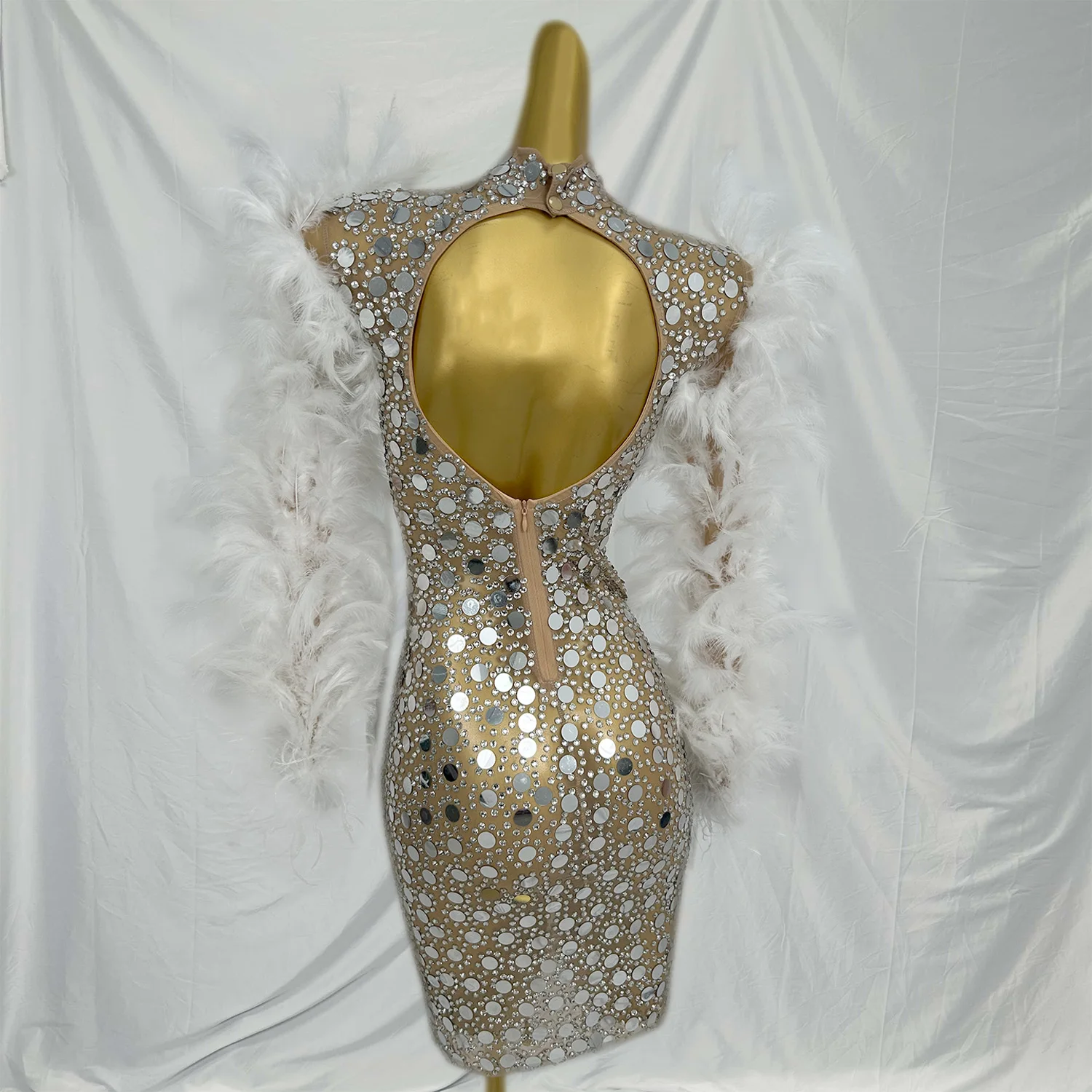 Pianyuxiu brilhante lantejoulas espelhos feminino sexy penas manga bodycon mini vestido celebrar festa de aniversário sessão de fotos palco wear