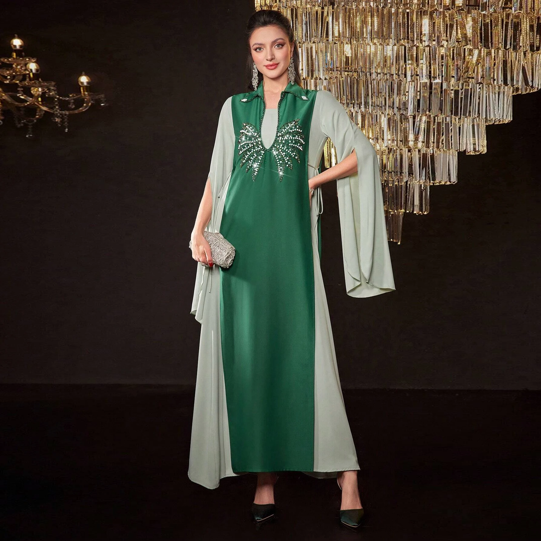 Eid Dubai IsEid Dubai Islalamic Elegant Modest Abaya Women Muslim Dress Inner Slip Dress Abaya Set Diamond Satin Silk Open Abaya